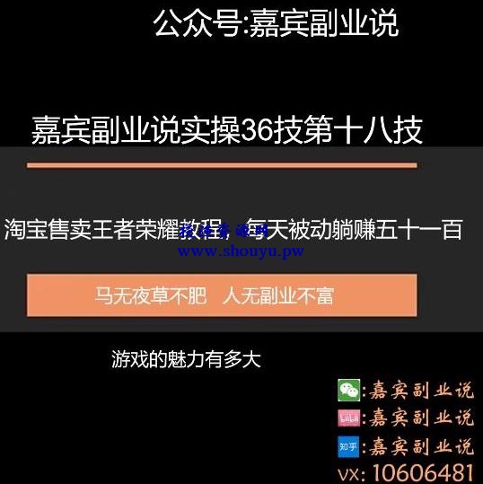 嘉宾副业说实操36技第十八技：淘宝售卖王者荣耀教程，每天躺赚五十和一百